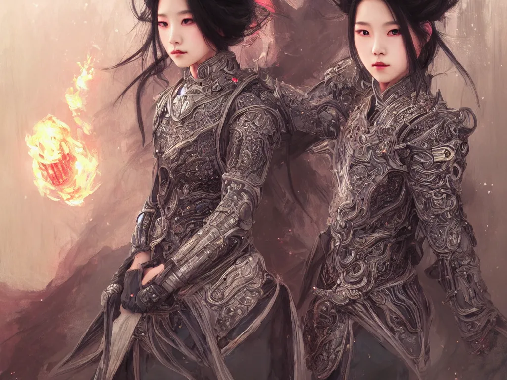 Image similar to portrait jisoo blackpink, grey hair armored samurai clothes, in fire japanese temple wet night, ssci - fi and fantasy, intricate and very very beautiful and elegant, highly detailed, digital painting, artstation, concept art, smooth and sharp focus, illustration, art by tian zi and wlop and alphonse mucha