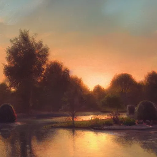 Prompt: Realistic oil painting of a park scene with a pond at sunset, artstationhq