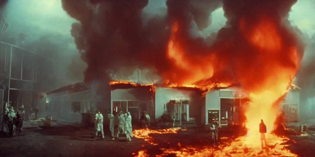 Image similar to filmic extreme wide shot dutch angle movie still 4k UHD 35mm film color photograph of a science lab completely engulfed in flames, a crowd of doctors burns alive inside the room, in the style of a 1980s horror film