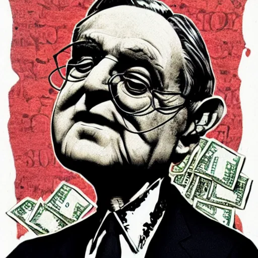 Image similar to George Soros full body shot, dollar bills Body horror, biopunk, by Ralph Steadman, Francis Bacon, Hunter S Thompson