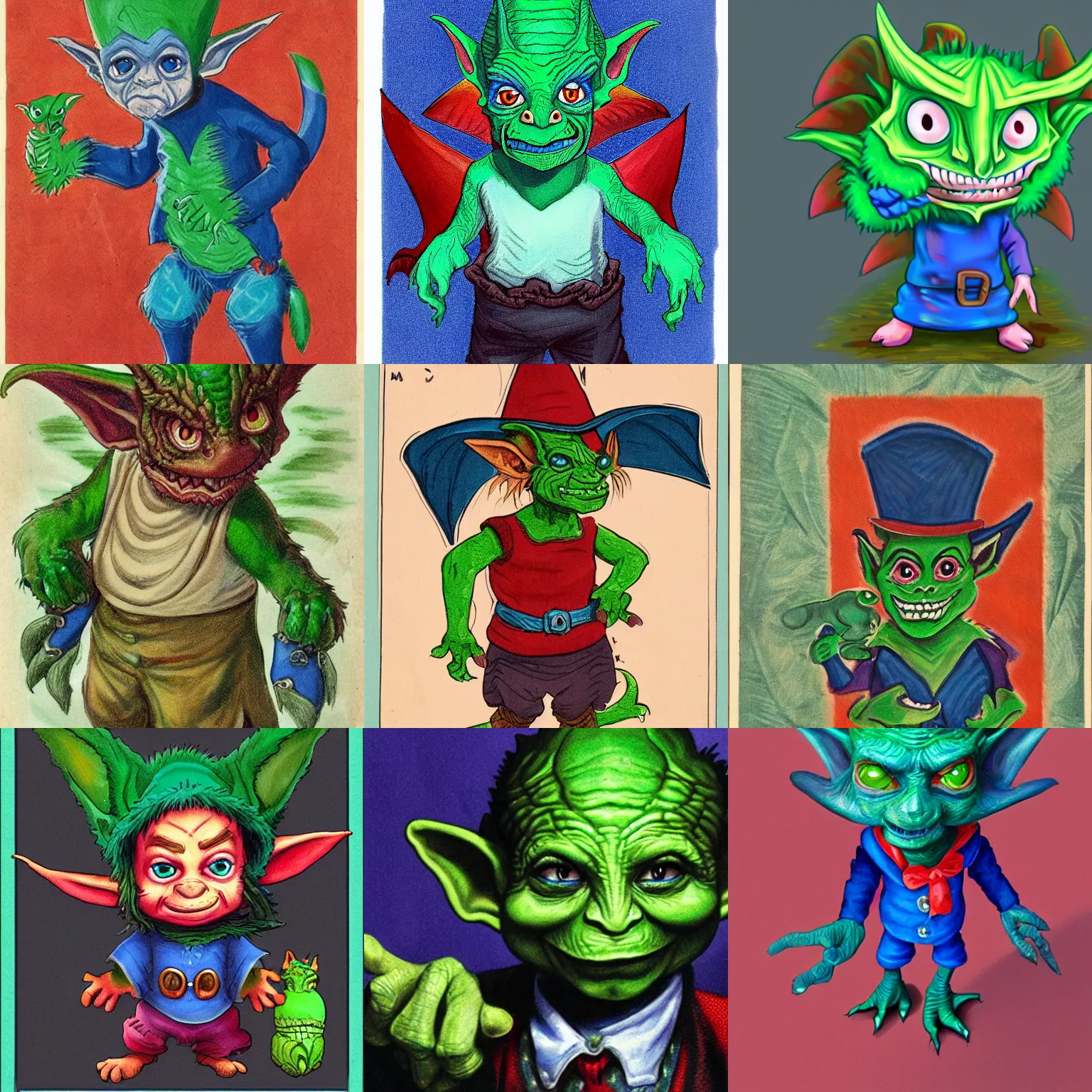 Prompt: small magician goblin with a mischevious look in his eyes, ragged blue clothes, green skin, red dragon scales