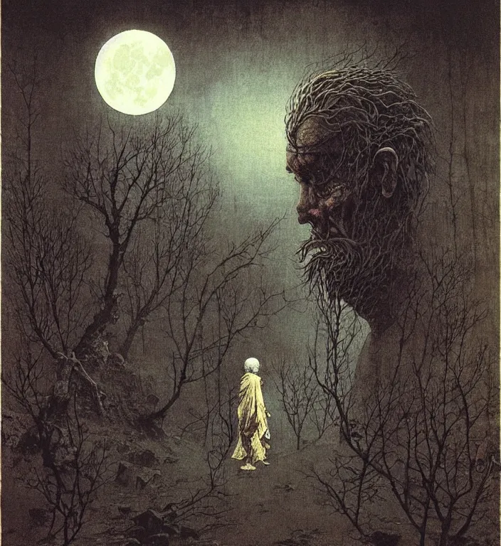 Prompt: old white - headed man under the huge moon on a street of ruined city by beksinski and takato yamamoto, very coherent, baroque elements. vivid colors