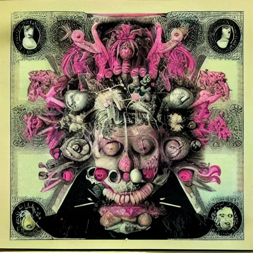 Image similar to post - punk new age album cover, asymmetrical design, dollar bank notes, capitalism, magic, apocalypse, psychedelic, black white pink, magic, giger h. r., giuseppe arcimboldo