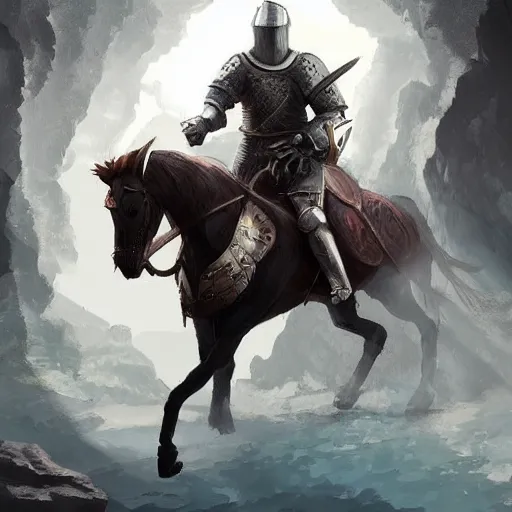 Prompt: a knight riding a horse in a cave full of minerals, digital art, well detailed, trending on artstation