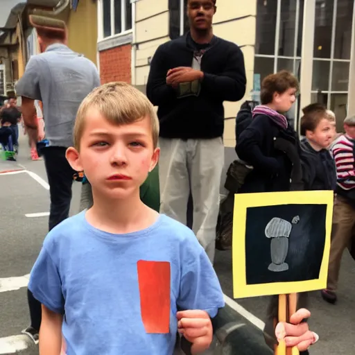 Image similar to A boy holding a sign saying, james