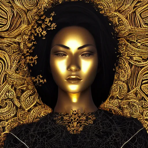 Image similar to epic deatailed golden statue of a beautiful female, surrounded by intricate gold lace metalwork on a black smokey background, close up face, modern art, trending on Artstation