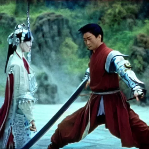 Image similar to xianxia fantasy, french swordsman fighting chinese swordsman, xuanhuan martial artist fighting european knight, chinese swordsman fighting medieval european swordsman, fantasy, wuxia, pseudo - medieval fantasy, cinematic, 1 9 8 6 movie screenshot