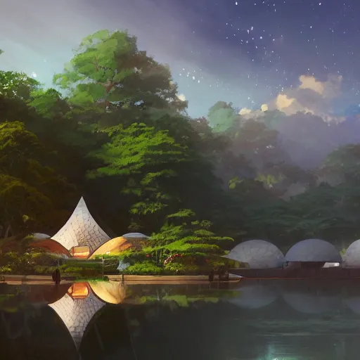 Image similar to geodesic dome in front of a lake with gardens and waterfall, gapmoe kuudere moody lighting stunning bokeh highlights sharp contrast | trending pixiv fanbox | by greg rutkowski makoto shinkai takashi takeuchi studio ghibli