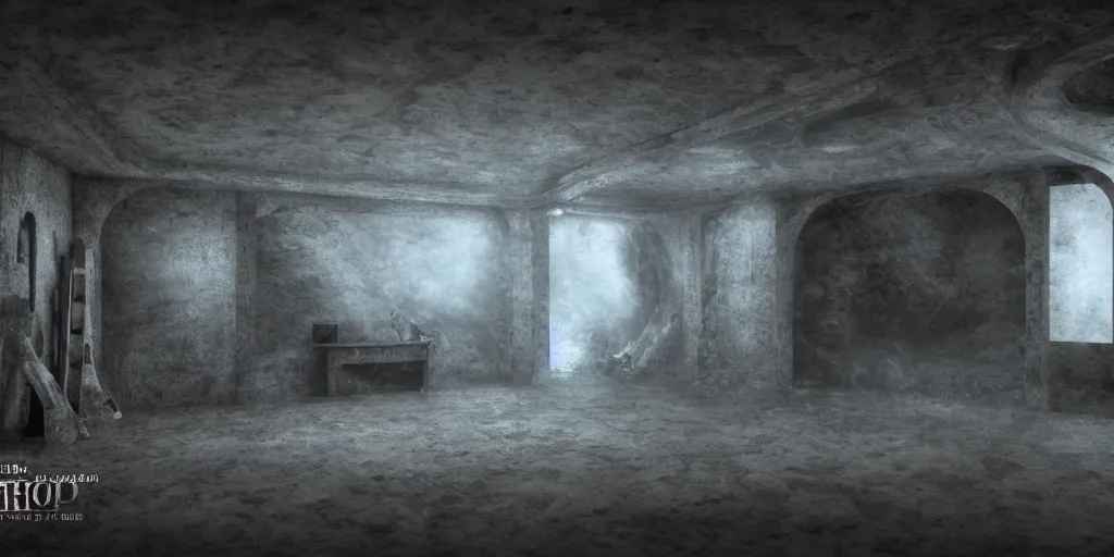 Image similar to echo chamber room, dark art fantasy, 3d render, super detailed, puddle of water, barrels, foggy