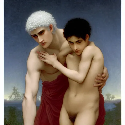 Image similar to Dante and Virgil by William Bouguereau but with guts and griffith from berserk, high quality, 4k