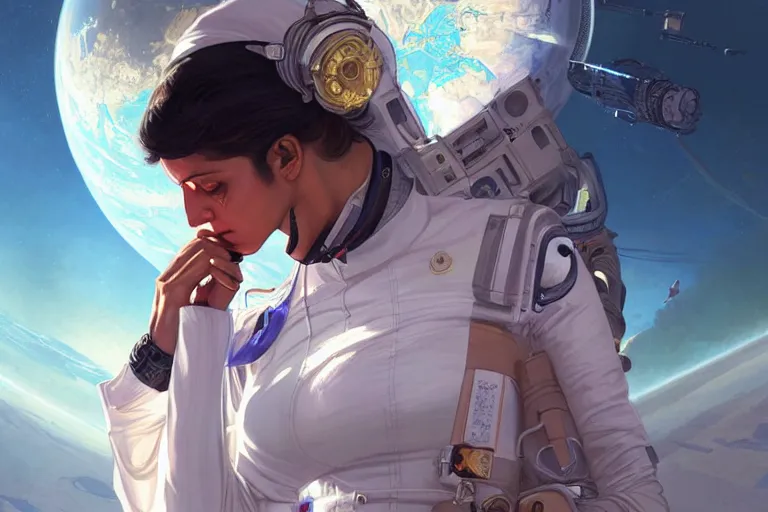 Prompt: Sensual beautiful female Aryan young Indian doctors wearing Deus Ex Human Revolution clothing in a space station above Earth, portrait, elegant, intricate, digital painting, artstation, concept art, smooth, sharp focus, illustration, art by artgerm and greg rutkowski and alphonse mucha