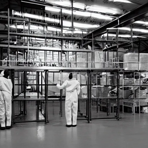 Prompt: scientists inventing future technology in a warehouse in 1 9 7 0, black and white, hyper realistic, 4 k, highly ornate intricate details, sharp image, incredible detail,