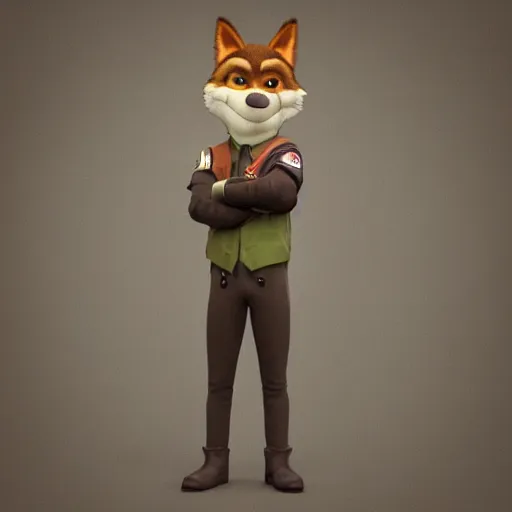 Image similar to far shot, 3d render , anthropomorphic wolf male , wearing along brown leather jacket , in the style of Zootopia