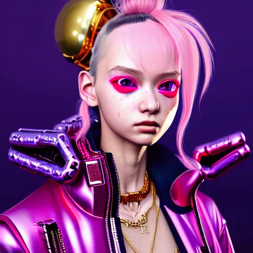 Image similar to hyperdetailed portrait of a stunningly beautiful pink cyberpunk cute european girl made of metals and shiny iridescent gems, bright rainbow nimbus, gold necklace, reflective puffer jacket, smoke background inspired by ross tran and masamune shirow and kuvshinov, intricate, photorealistic, octane render, rtx, hdr, unreal engine, dnd digital art by artgerm