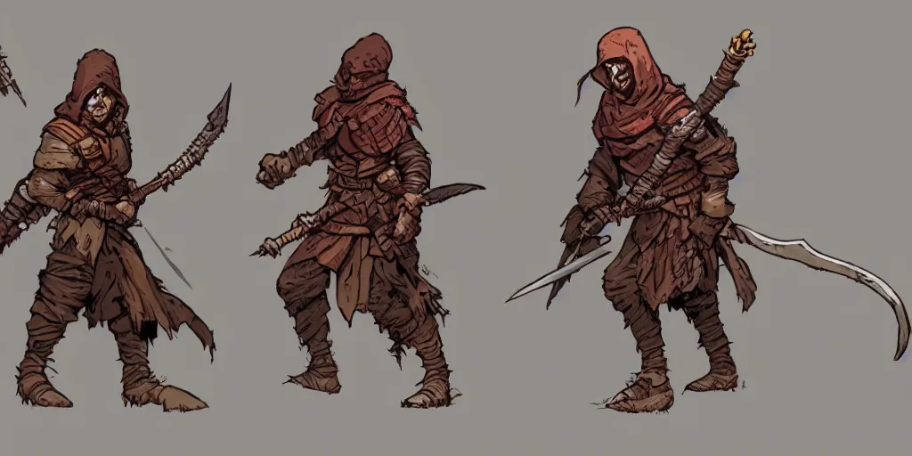 Image similar to warrior character design, idle, colored, sword, sprite, darkest dungeon, pc game, sideview, art by moebius and greg rutkowski.