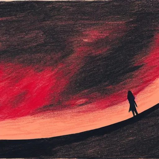 Prompt: hilghly detailed abstract drawing of a red night sky with a woman silhouette in foreground