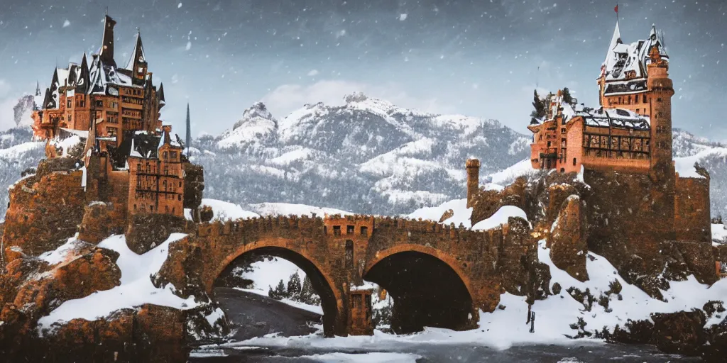 Image similar to a large castle amidst snowy mountain tops,lots of details,bridges,impossible,landscape,beautiful,pizza