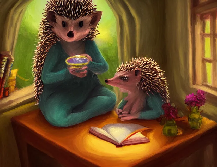 Prompt: hedgehog witch in a cozy study. complementary colors, oil painting, indie concept art, bloom, chiaroscuro, backlighting, intricate details.