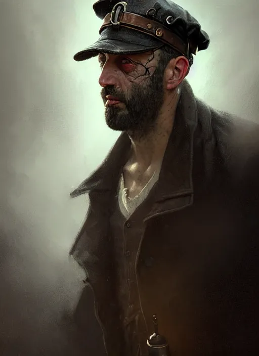 Image similar to portrait of a rugged man wearing a sailors cap, victorian, concept art, detailed face, fantasy, close up face, highly detailed, cinematic lighting, digital art painting by greg rutkowski