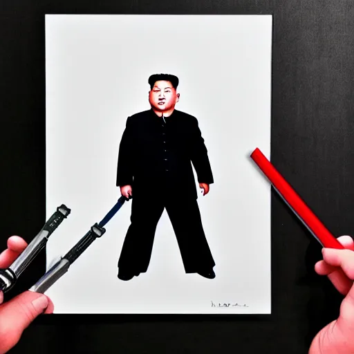 Image similar to a very detailed pencil drawing of kim jong un holding a lightsaber 4 k, high resolution, still, landscape, hd, dslr, hyper realistic, sketch