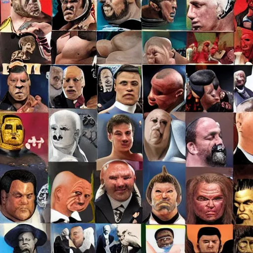 Image similar to All of the world leaders and wrestling stars with silly outsets, intricate, highly detailed, concept art, smooth, sharp focus