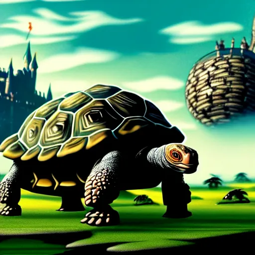 Image similar to giant tortoise walking with a large fantasy castle rising growing from the top of it, distant shot birds eye view, fantasy, hyper detailed, 4 k, howls moving castle, mortal engines,