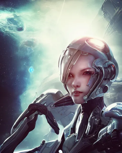 Prompt: photo of a cyborg girl on a space ship, warframe armor, beautiful face!!!, scifi, nebula reflections, futuristic background, dreamy, long white hair, blue cyborg eyes, glowing, 8 k high definition, insanely detailed, intricate, innocent, art by akihiko yoshida, antilous chao, li zixin, woo kim