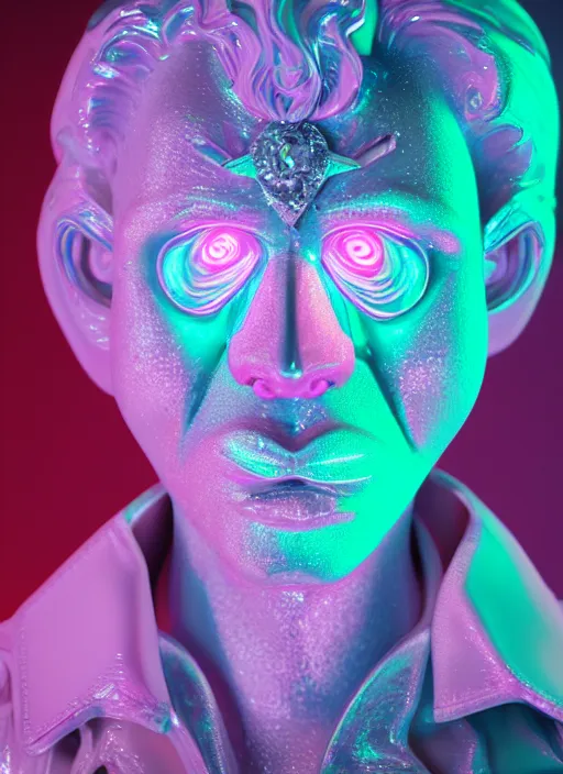 Prompt: photo of baroque and bladerunner delicate neon diamond sculpture of ceramic albino king santiago cabrera seductive delicious tongue sticking out, creamy pink iridescent humanoid deity wearing red furry hoody holding diamond skull in a green metallic dungeon, reclining, glowing rainbow face, crown of white diamonds, cinematic lighting, photorealistic, octane render 8 k depth of field 3 d