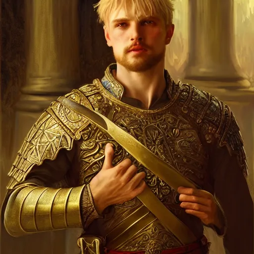 Image similar to attractive king arthur pendragon, natural lighting, path traced, high quality, very detailed digital painting, by gaston bussiere, craig miller, j. c. leyendecker