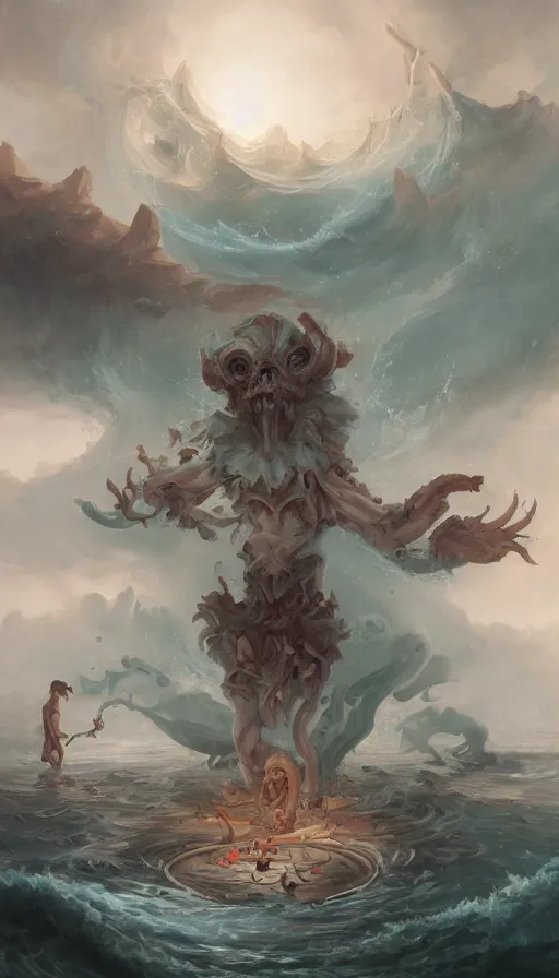 Prompt: man on boat crossing a body of water in hell with creatures in the water, sea of souls, by peter mohrbacher