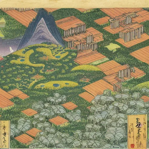 Prompt: 3d isometric botanical illustration of an alien town besides the nile river, diego rivera in Ukiyo-e style, HD