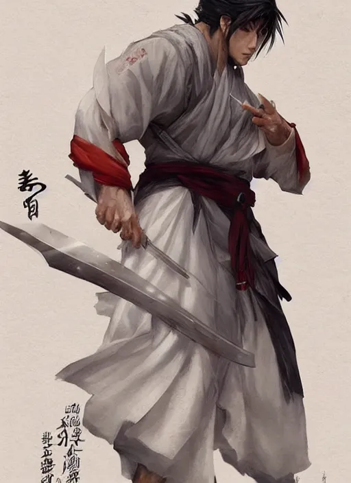 Prompt: white haired parted through middle young japanese man wearing hakama, heroic battle pose, art by artgerm and greg rutkowski and magali villeneuve, handsome, portrait, muscular, highly detailed, digital painting, trending on artstation, concept art, sharp focus, illustration