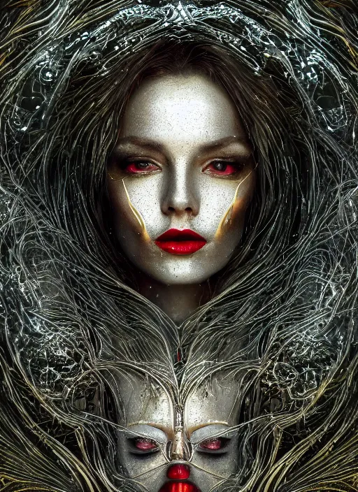 Image similar to glowing silver and golden elements, full close-up portrait, female portrait model from shutterstock as a dark evil looking witch, book cover, green forest, white moon, red lips, establishing shot, extremly high detail, photo-realistic, cinematic lighting, pen and ink, intricate line drawings, by Yoshitaka Amano, Ruan Jia, Kentaro Miura, Artgerm, post processed, concept art, artstation, matte painting, style by eddie, raphael lacoste, alex ross