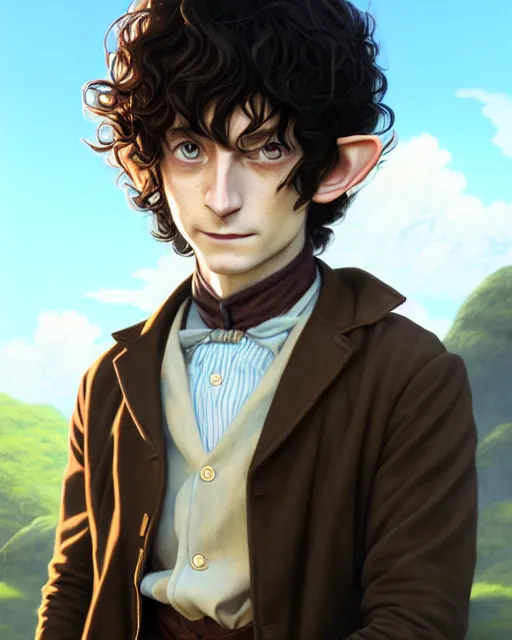 Image similar to portrait Anime joyful Hobbit Frodo Baggins; velvet brown jacket, backpack, Shire background || cute-fine-face, pretty face, realistic shaded Perfect face, fine details. Anime. realistic shaded lighting by Greg Rutkowski