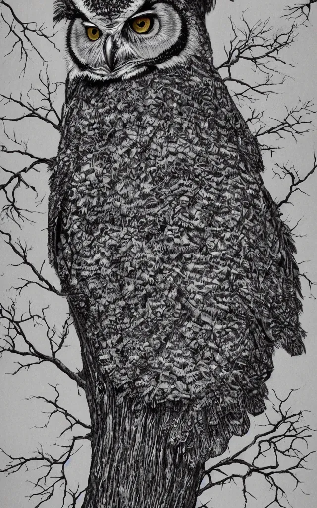 Image similar to hyperrealist nature photograph of a great horned owl in a tree, high contrast wood engraving, kentaro miura manga style, shocking detail trending on artstation 8 k