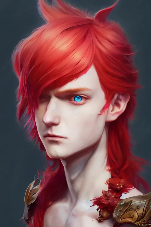 Image similar to fairy prince, red hair, highly detailed, d & d, fantasy, highly detailed, digital painting, trending on artstation, concept art, sharp focus, illustration, art by artgerm and greg rutkowski and fuji choko and viktoria gavrilenko and hoang lap