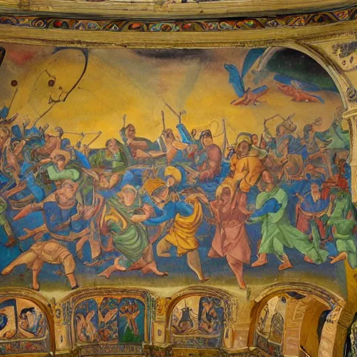 Image similar to basilica frescoe of an army of frogs fighting for Christianity