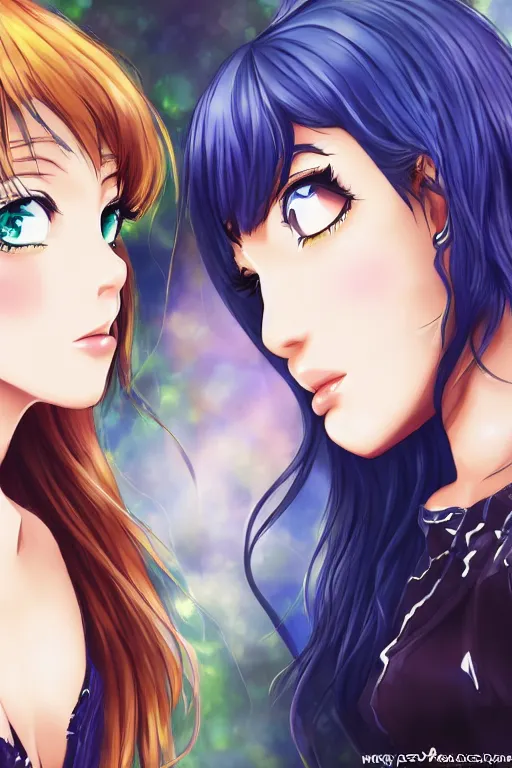 Prompt: a stare down between two beautiful rival female idols, detailed anime art