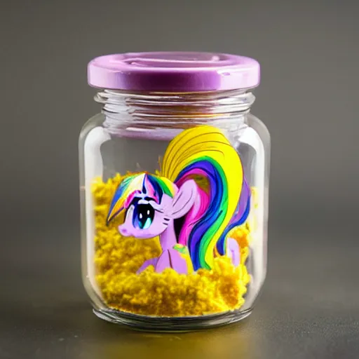 Image similar to a my little pony figure in a jar covered in a mysterious sticky yellowish fluid