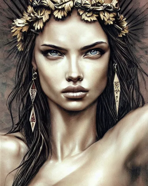 Image similar to realism tattoo sketch of adriana lima as a beautiful greek goddess aphrodite with piercing eyes wearing a laurel wreath and triangle earrings, in the style of greg rutkowski, amazing detail