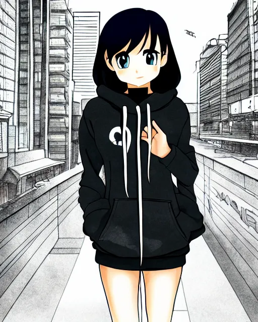 Image similar to black haired girl wearing hoodie, detailed city background, anime illustration by anmi