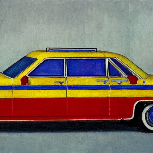 Prompt: a Cadillac , in the style of Piet Mondrian