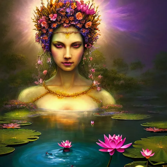 Image similar to Beautiful 3d render of the flower queen goddess near a pond full of lotus, atmospheric lighting, painted, intricate, volumetric lighting, beautiful, rich deep colours masterpiece, sharp focus, ultra detailed, in the art style of Dan Mumford and marc simonetti, with a clear crowded futuristic cyberpunk dubai city in the background, astrophotography