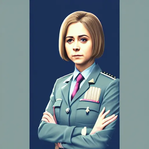 Image similar to natalya poklonskaya as young female, young female prosecutor at her job, muted colors, matte print, pastel colors, 2d, ultra highly detailed, smooth, sharp focus, digital art, digital painting, fan art, elegant, artstation, head is centered, by Ilya Kuvshinov