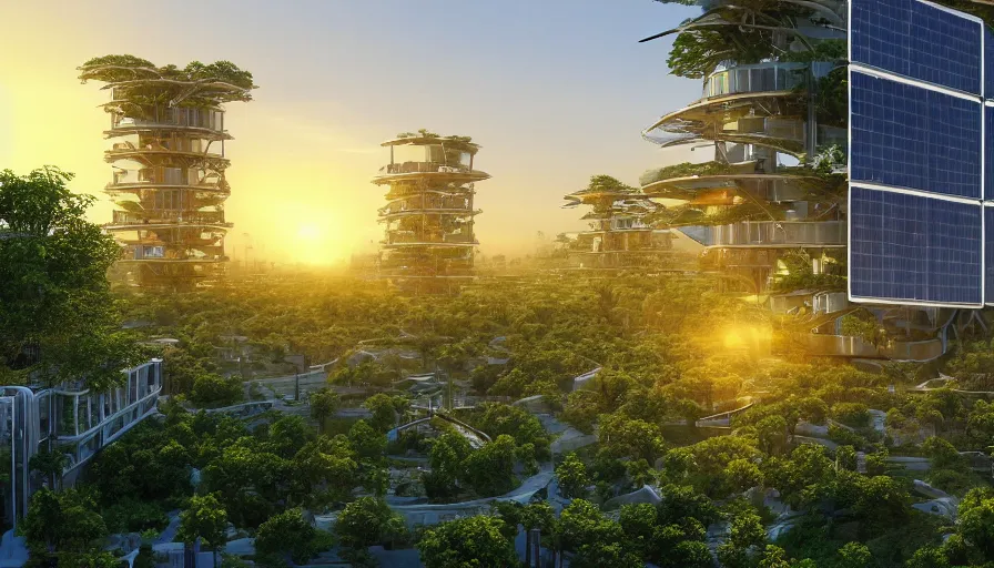 Sunrise over solarpunk city, many trees and plants,, Stable Diffusion
