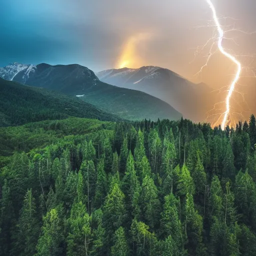 Prompt: a beautiful mountain landscape view from slightly above with stunning eerie lightning and a large tree on the foreground, HD photograph