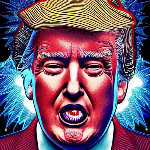 Image similar to the portrait donald trump with laser eyes, an ultrafine detailed illustration by james jean, final fantasy, intricate linework, bright colors, behance contest winner, vanitas, angular, altermodern, unreal engine 5 highly rendered, global illumination, radiant light, detailed and intricate environment