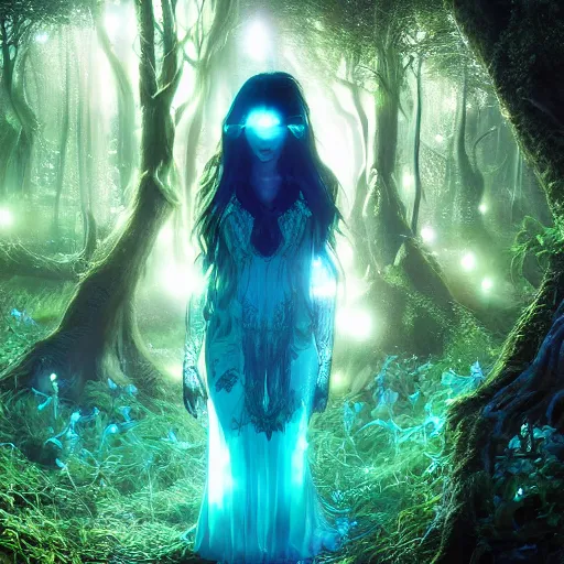 Prompt: Photorealistic elvish goddess in a magical bioluminescent forest Hyperdetailed photorealism, 108 megapixels, amazing depth, glowing rich colors, powerful imagery, psychedelic Overtones, 3D finalrender, 3d shading, cinematic lighting, artstation concept art