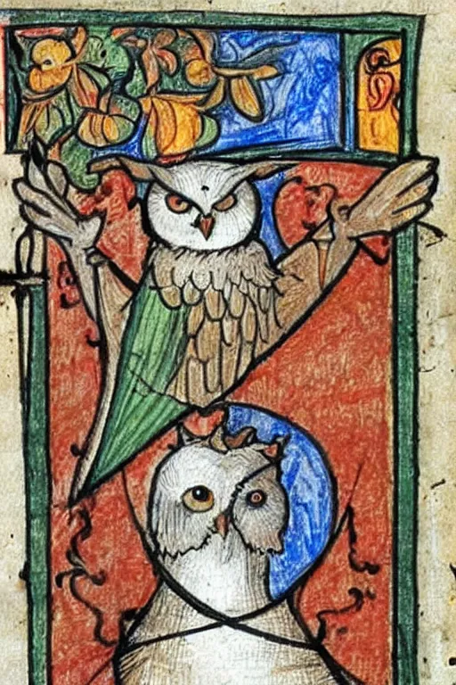 Prompt: Terrible Medieval Drawings of an Owl from an illuminated manuscript.