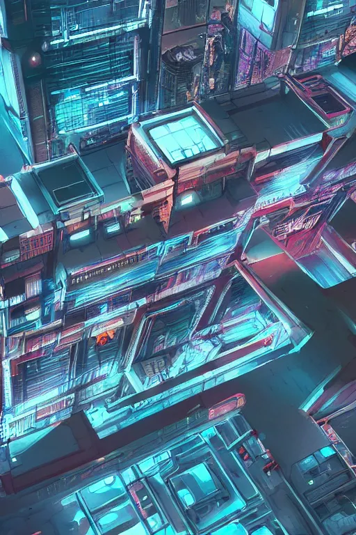 Image similar to cyberpunk buildings with a flight vehicle glowing in the sky, neon sign, bottom view, bladerunner, digital illustration, artstation, realistic render